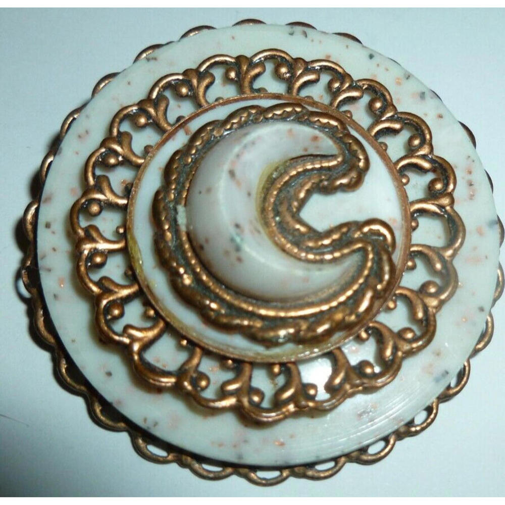 Vintage Brooch Pin Copper‎ Filigree Celluloid Plastic Round Moon